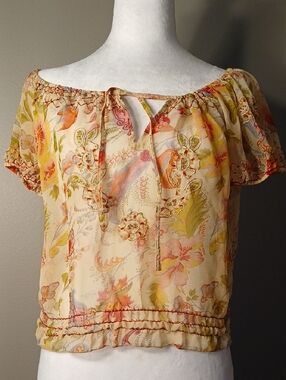 Boho-Chic Sheer Floral Peasant Top in Cream and Yellow Medium